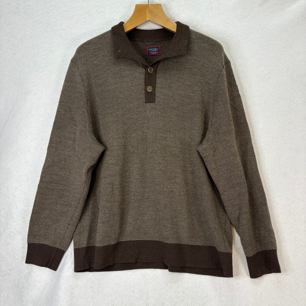 UNTUCKit Mens XXL Brown Sorenson Merino Wool Button Mock Neck Sweater Preppy‎